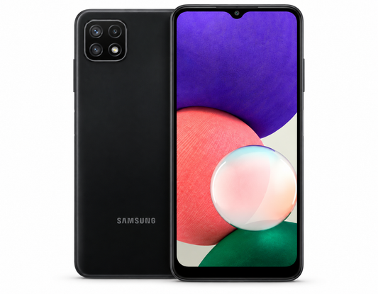 Samsung Galaxy A22 5G Gray smartphone with front display and rear triple-camera module, dual SIM