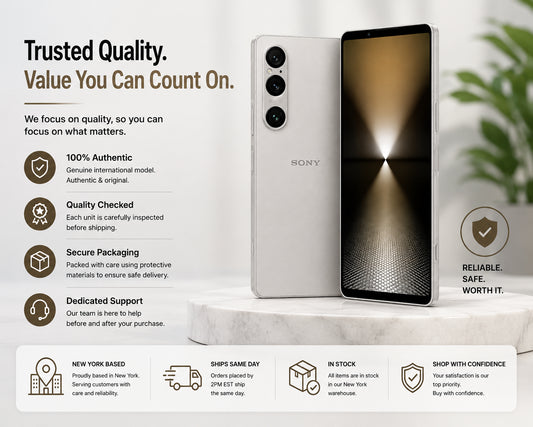 Sony Xperia 1 VI XQ-EC72 5G Silver smartphone shown front and back on stand, triple rear cameras visible