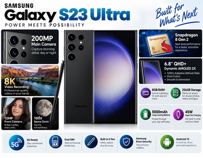 Samsung Galaxy S23 Ultra 5G Samsung black smartphone with stylus, front display and triple rear cameras