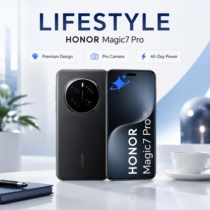 Honor Magic7 Pro phone with quad rear cameras and front display, standing on base