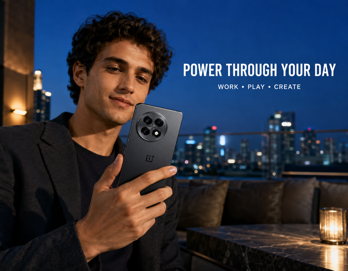 OnePlus 13R 5G Unlocked 5G smartphone in Nebula Noir held by a man, rear camera module visible