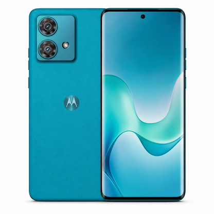 Motorola Edge 40 Neo smartphone in teal with dual rear cameras and curved front display