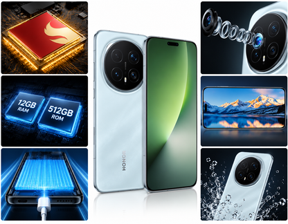 Honor Magic8 Pro 5G Sky Cyan smartphone and green-front phone with multi-lens rear camera module