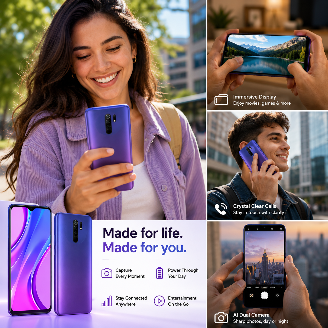 Sunset purple Xiaomi Redmi 9 in hand, front and back shown
