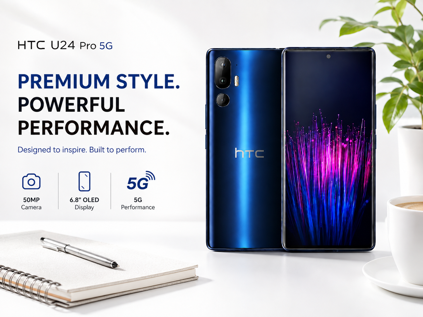 HTC U24 Pro 5G Blue HTC smartphone with front display and back dual cameras, blue gradient finish