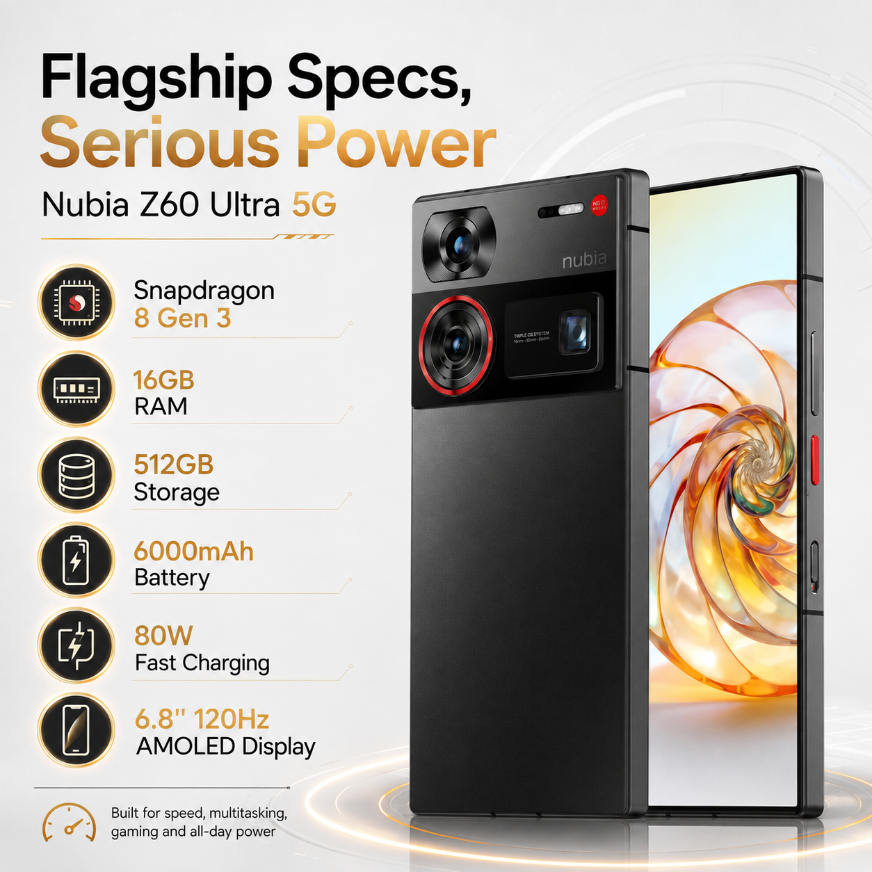 Nubia Z60 Ultra 5G  Black smartphone front and back, triple camera module and bright display screen