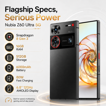 Nubia Z60 Ultra 5G  Black smartphone front and back, triple camera module and bright display screen
