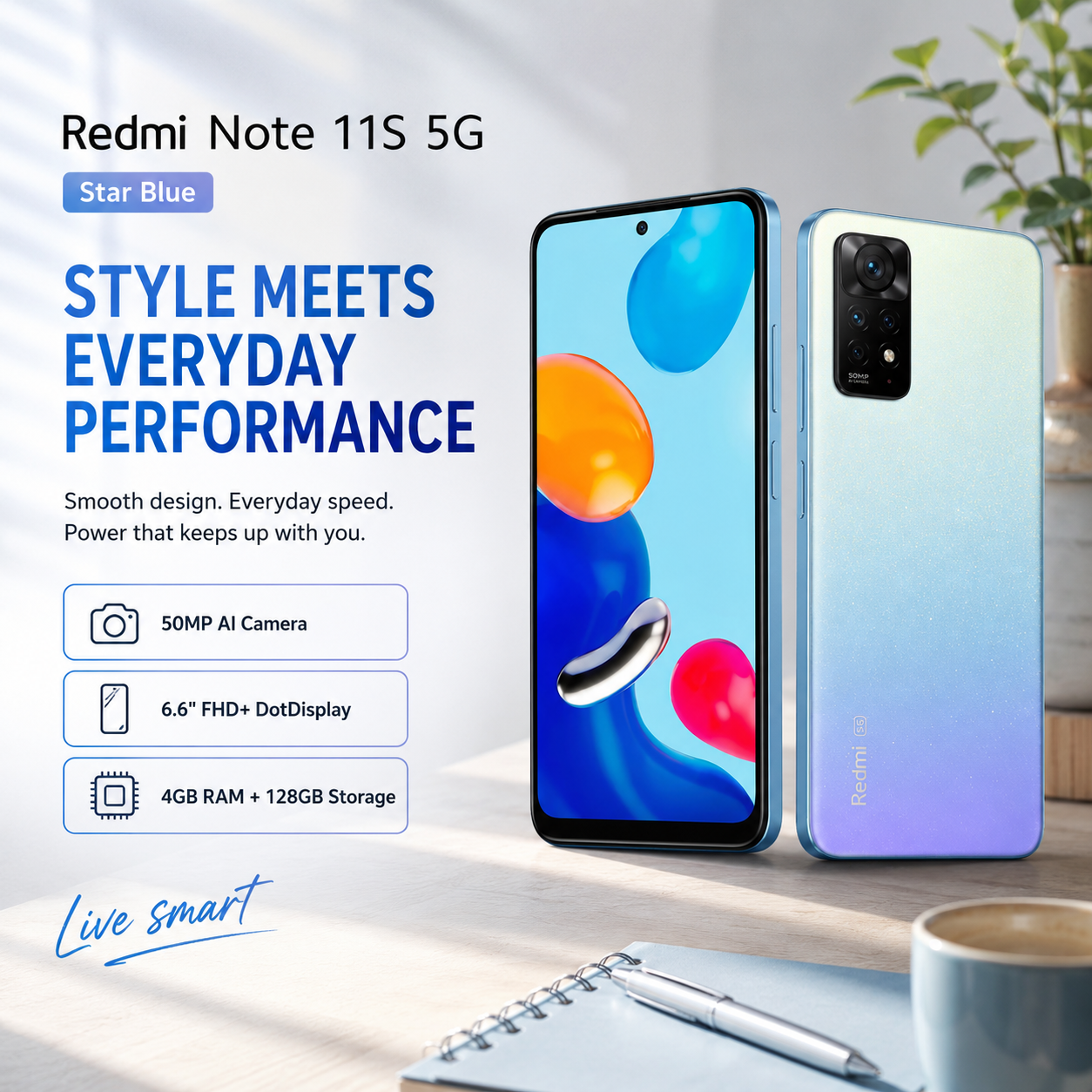 Xiaomi Redmi Note 11S 5G 128GB ROM 4GB RAM Dual SIM GSM Unlocked - Star Blue