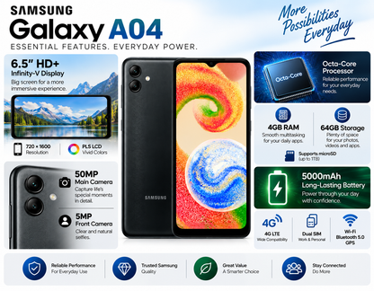 Black Samsung Galaxy A04 front and back phone with dual cameras