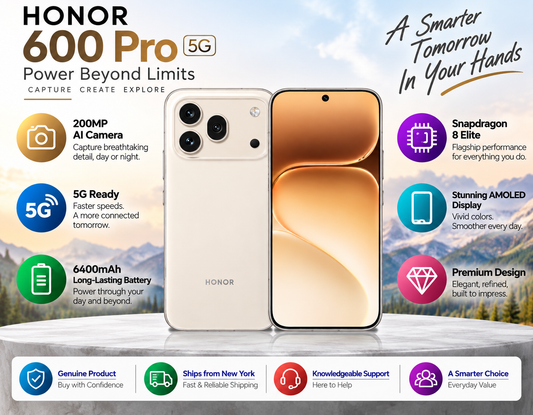 HONOR 600 Pro 5G promotional graphic with white phone, orange screen, rear cameras