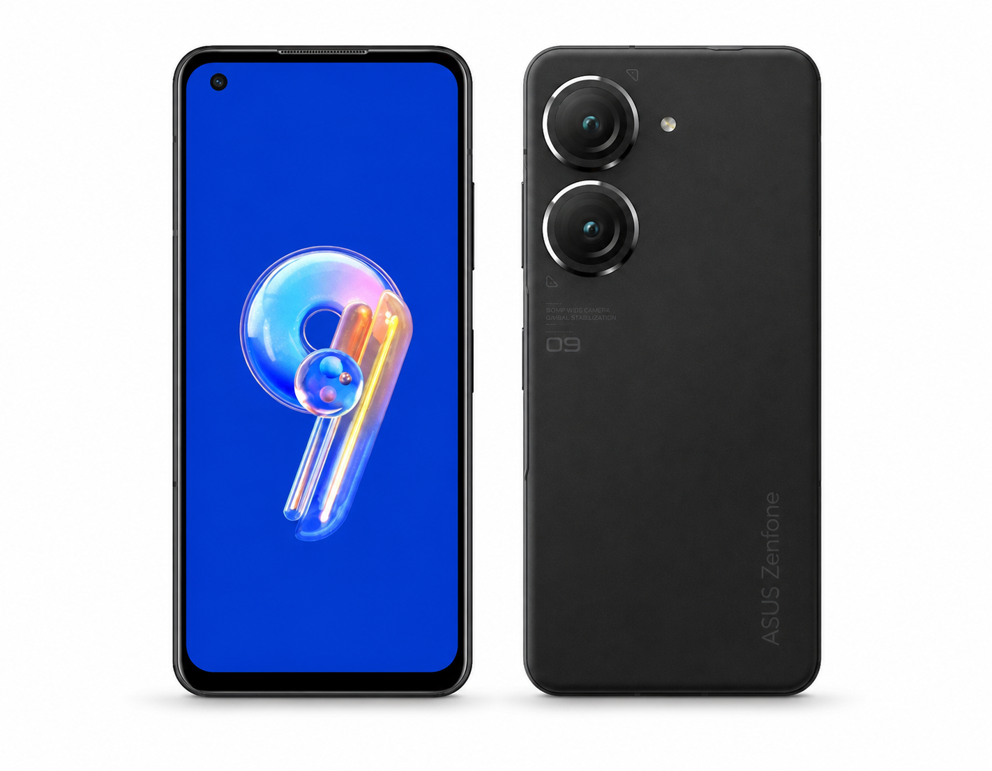 Black Zenfone 9 smartphone front and back, dual rear cameras visible