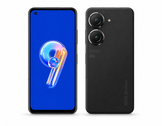 Black Zenfone 9 smartphone front and back, dual rear cameras visible