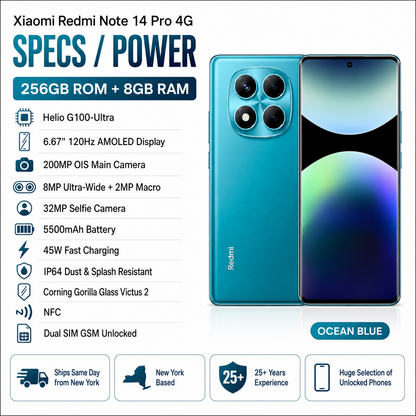 Xiaomi Redmi Note 14 Pro 4G 256GB ROM 8GB RAM Dual SIM GSM Unlocked - Ocean Blue