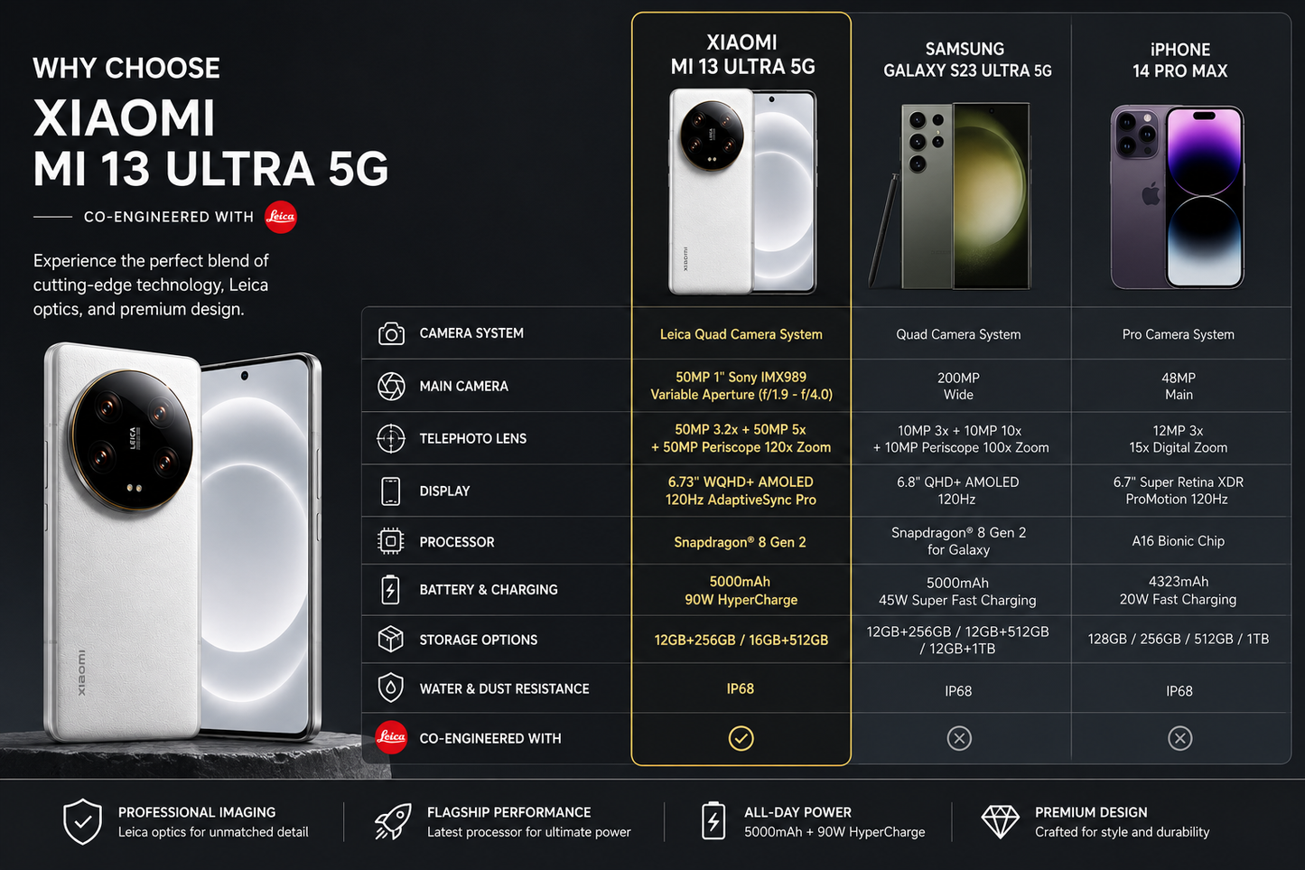Xiaomi Mi 13 Ultra 5G 512GB ROM 16GB RAM Dual SIM GSM Unlocked - White