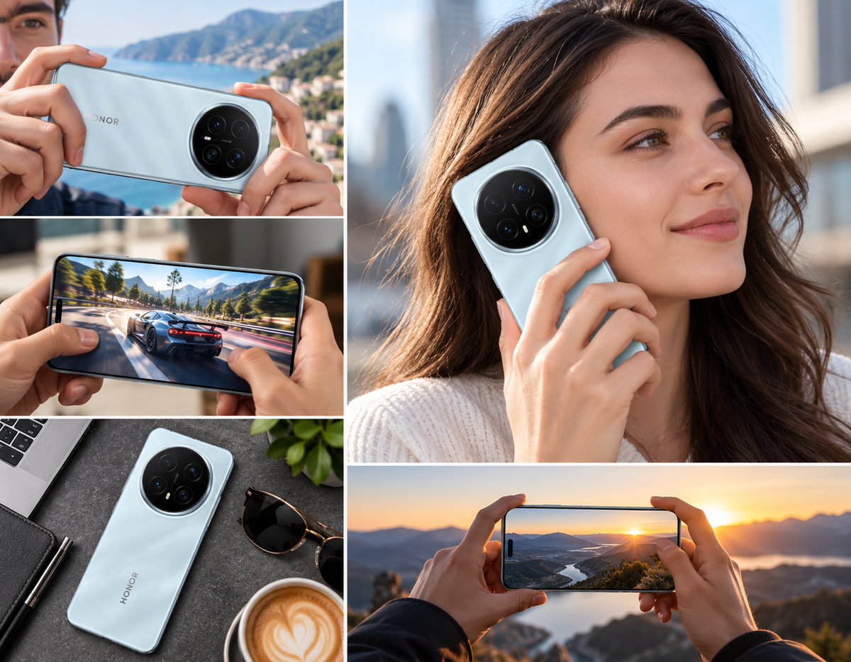 Honor Magic8 Pro 5G Smartphone held in hand with Sky Cyan back and green display on screen