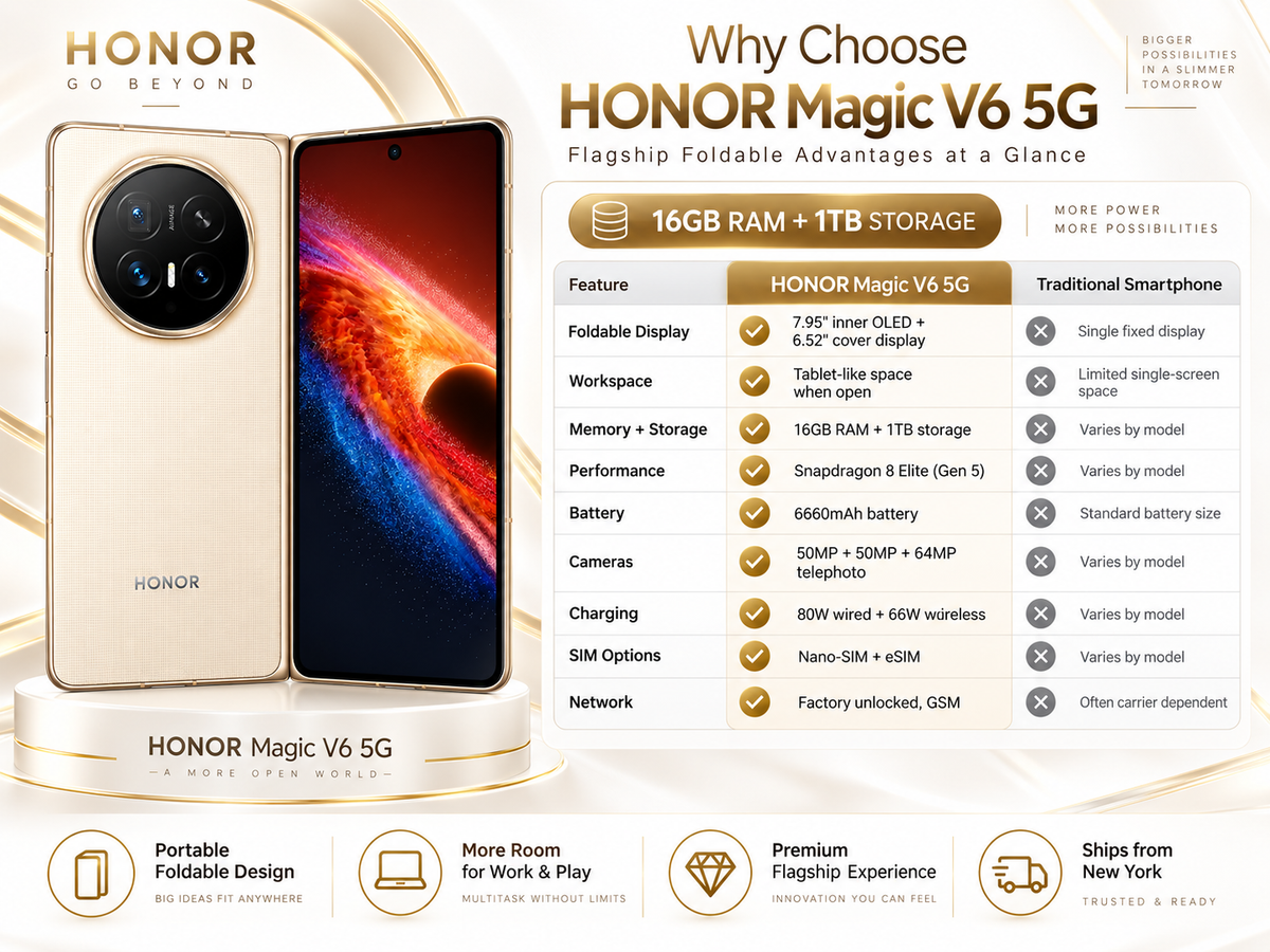 Honor Magic V6 5G Gold Honor foldable smartphone on product display stand with open front and back