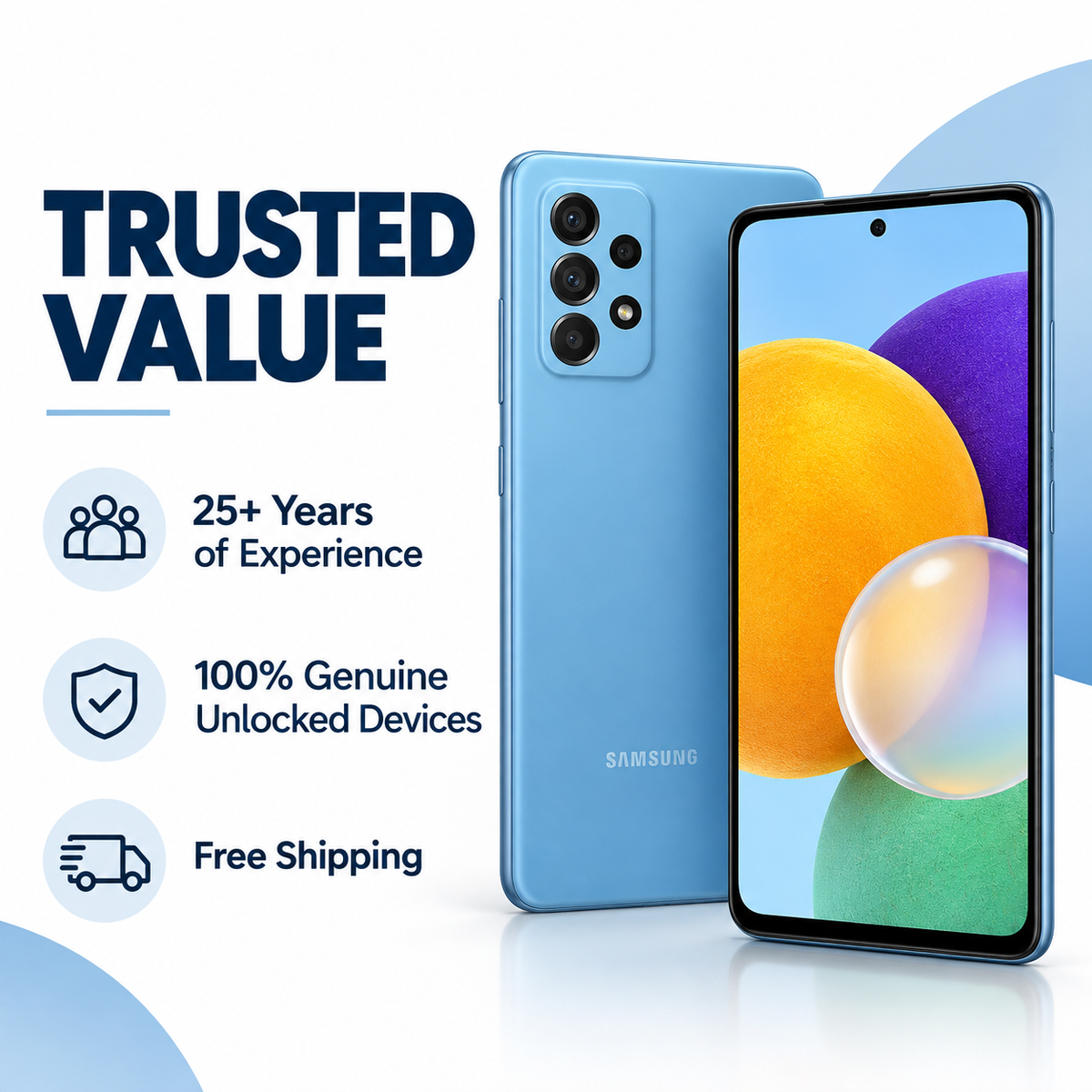 Samsung Galaxy A52 5G Awesome Blue smartphone, rear quad-camera and front screen on display