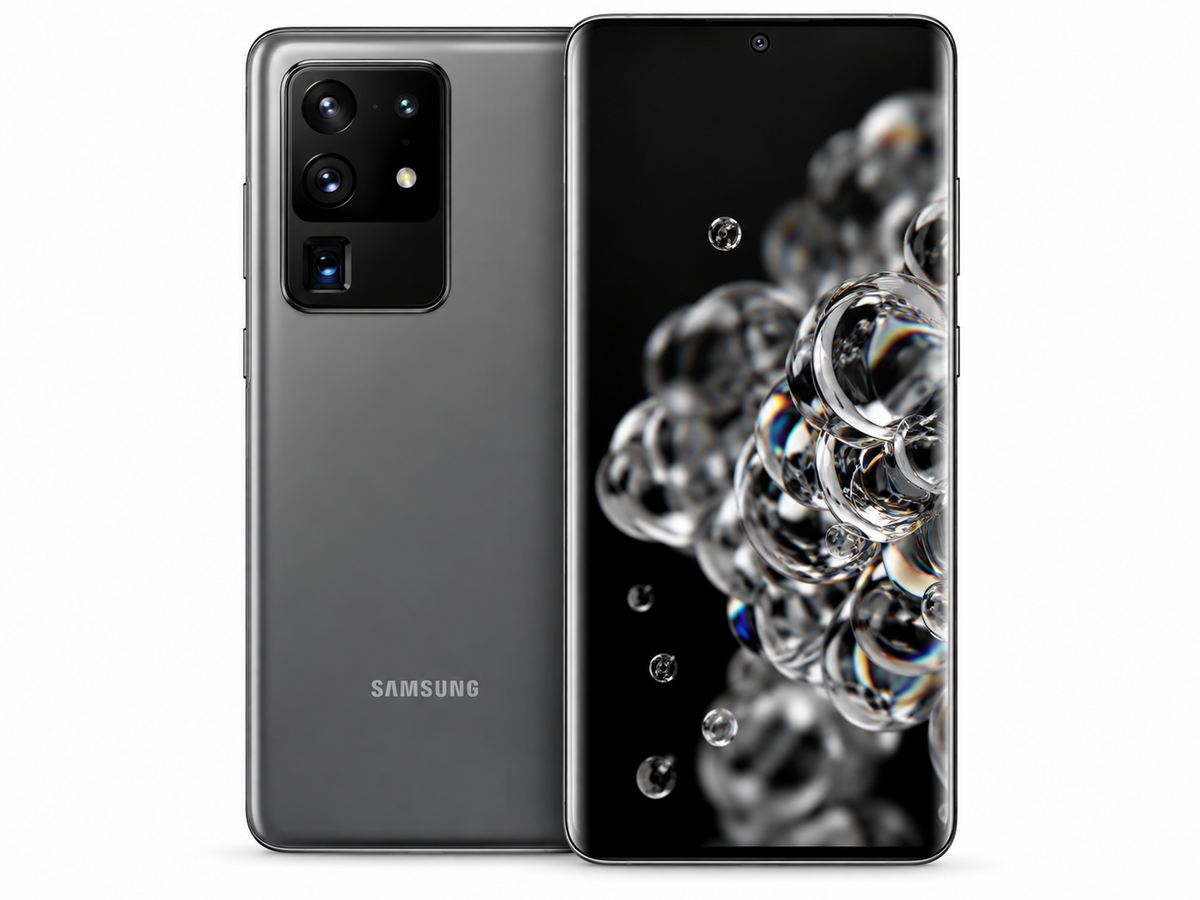 Samsung Galaxy S20 Ultra 5G  Cosmic gray smartphone showing back and front with bubble-style screen wallpaper