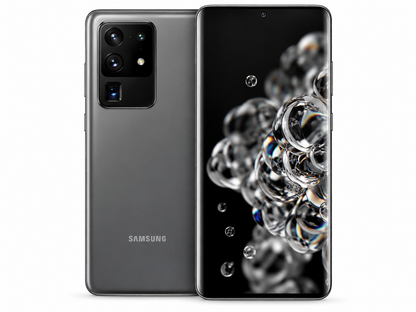 Samsung Galaxy S20 Ultra 5G  Cosmic gray smartphone showing back and front with bubble-style screen wallpaper