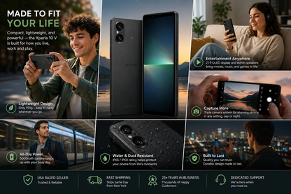 Sony Xperia 5 V 5G Black Sony Xperia smartphone with lightweight design and water-resistant icons