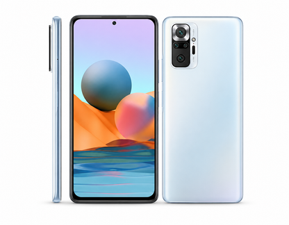 Xiaomi Redmi Note 10 Pebble White smartphone front and back view with dual rear cameras.