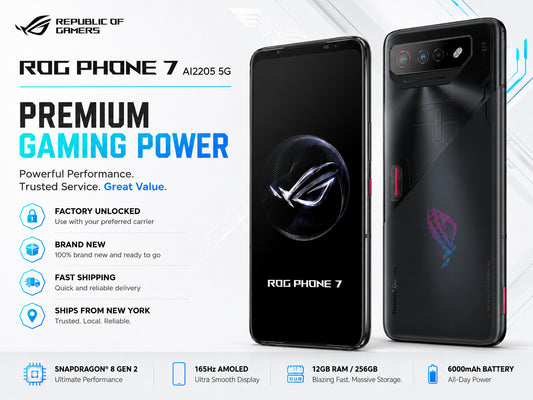 ASUS ROG Phone 7 Black gaming smartphone front and back, triple camera cluster visible on the rear