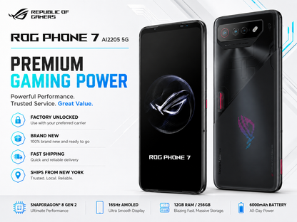 ASUS ROG Phone 7 Black gaming smartphone front and back, triple camera cluster visible on the rear