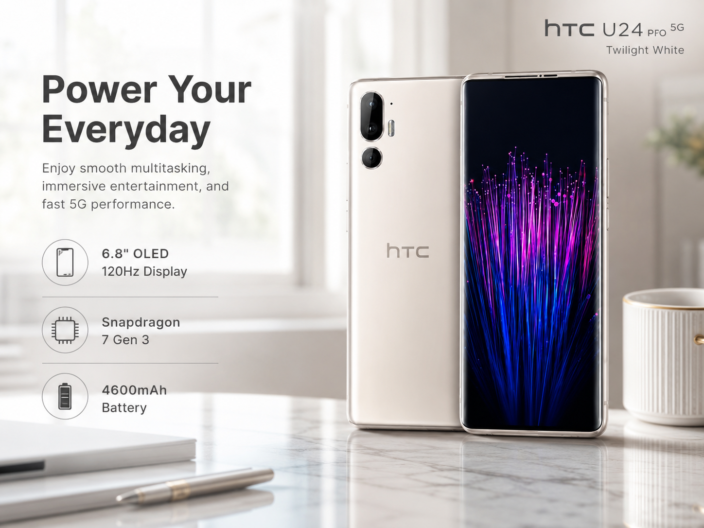 HTC U24 Pro 5G  White HTC smartphone showing front and back with colorful abstract display