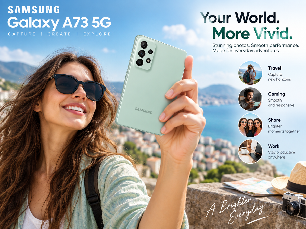 Mint Samsung Galaxy A73 5G smartphone held in hand, front screen with colorful wallpaper