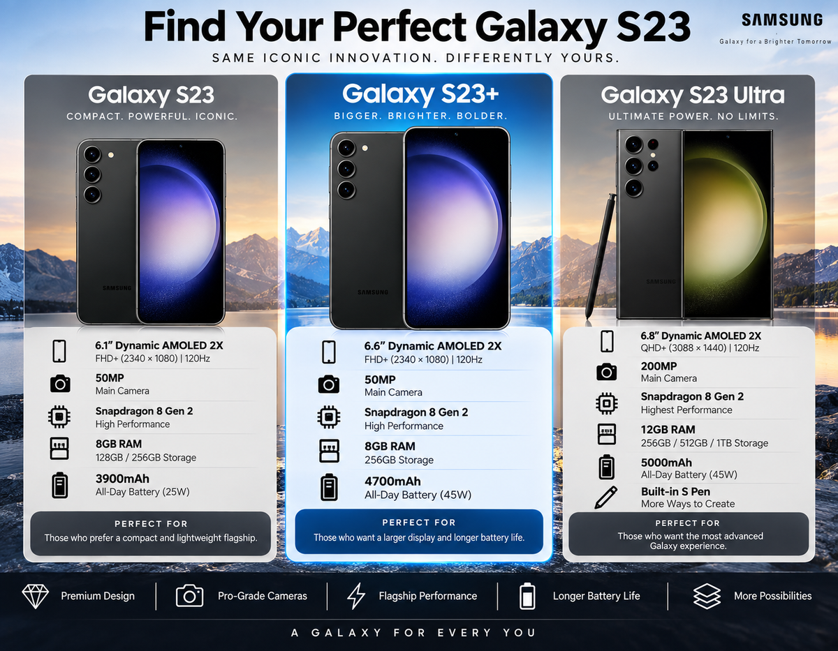 Samsung Galaxy S23+ black smartphone shown with screen and rear camera cluster