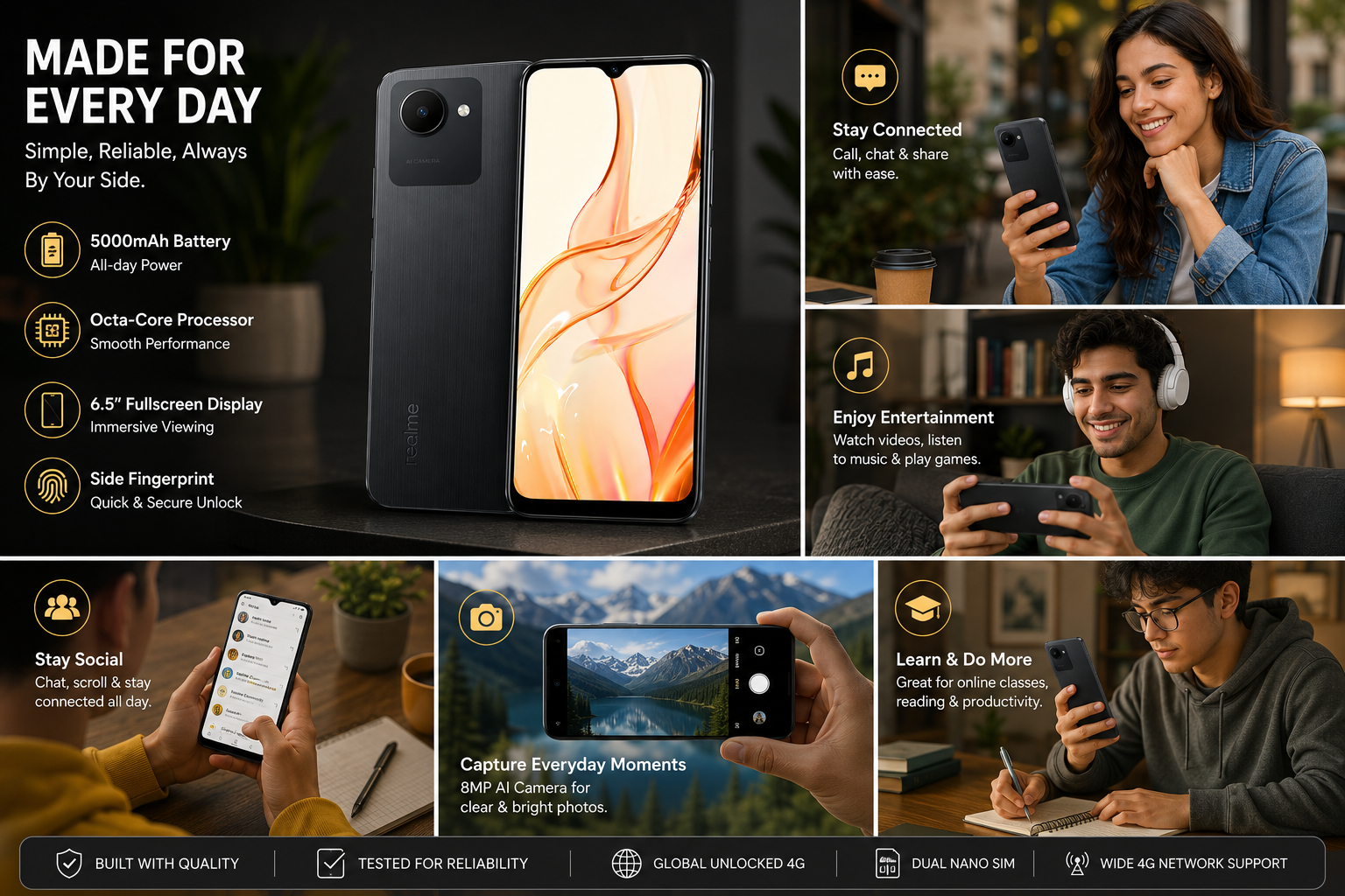 Realme C30s  Unlocked smartphone with dark back and abstract screen, used on-the-go.