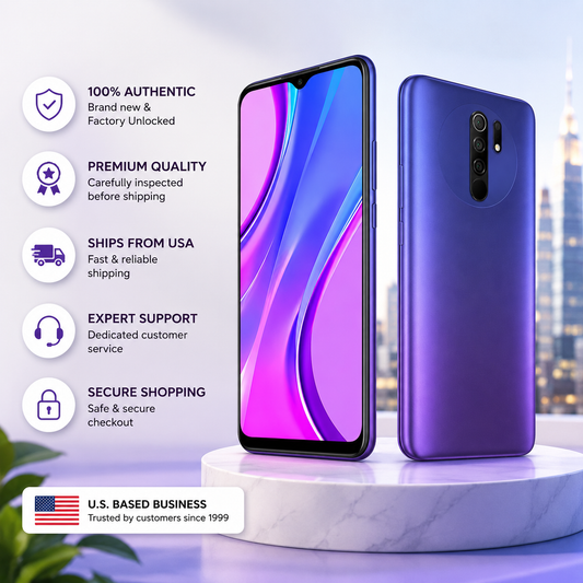 Xiaomi Redmi 9 unlocked phone in sunset purple, front and rear side view