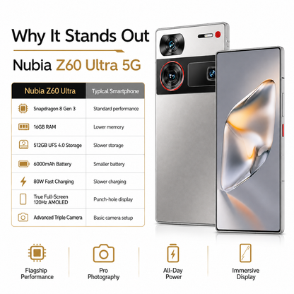 nubia Z60 Ultra 5G  Silver smartphone front and back view, highlighting triple camera module and screen.