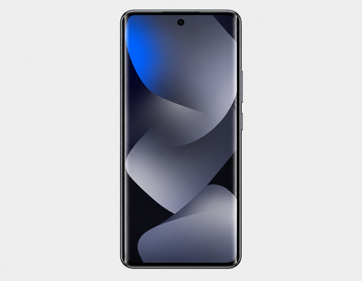 Xiaomi Redmi Note 15 5G  Black Xiaomi smartphone with front display on, curved glass and speaker notch.