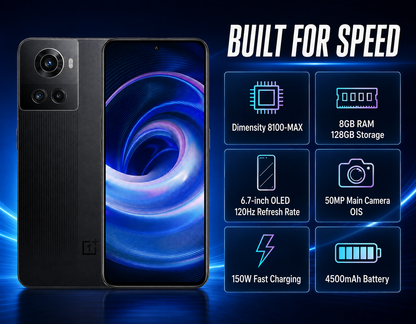 OnePlus Ace 10R smartphone in black, front display with abstract blue swirl and camera