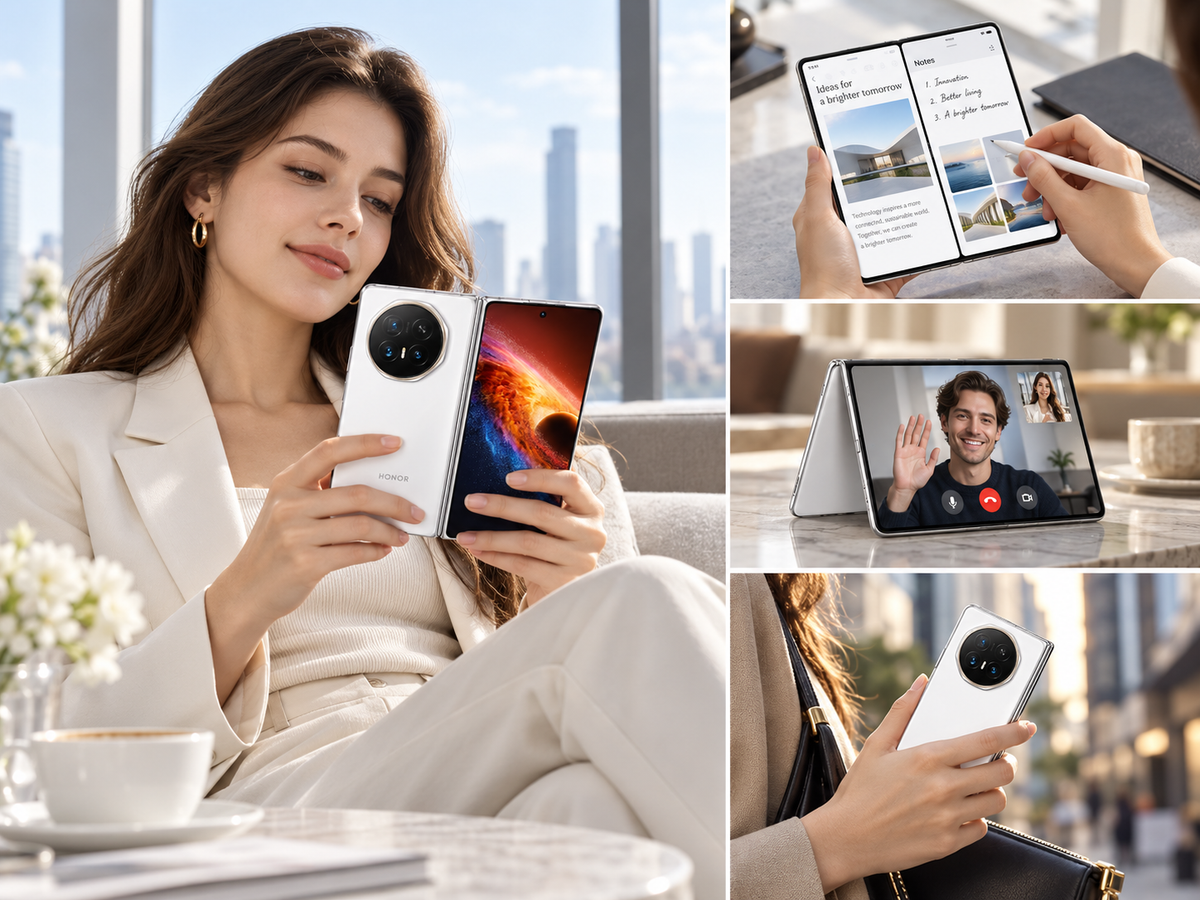 Honor Magic V6 5G White foldable smartphone open in hand, inner display visible
