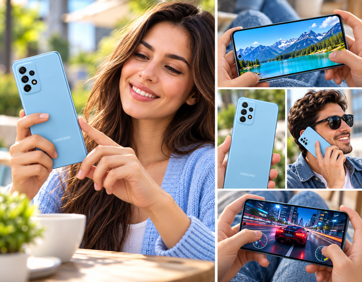 Samsung Galaxy A72 Blue Samsung smartphone held in hand, screen on and rear camera panel visible
