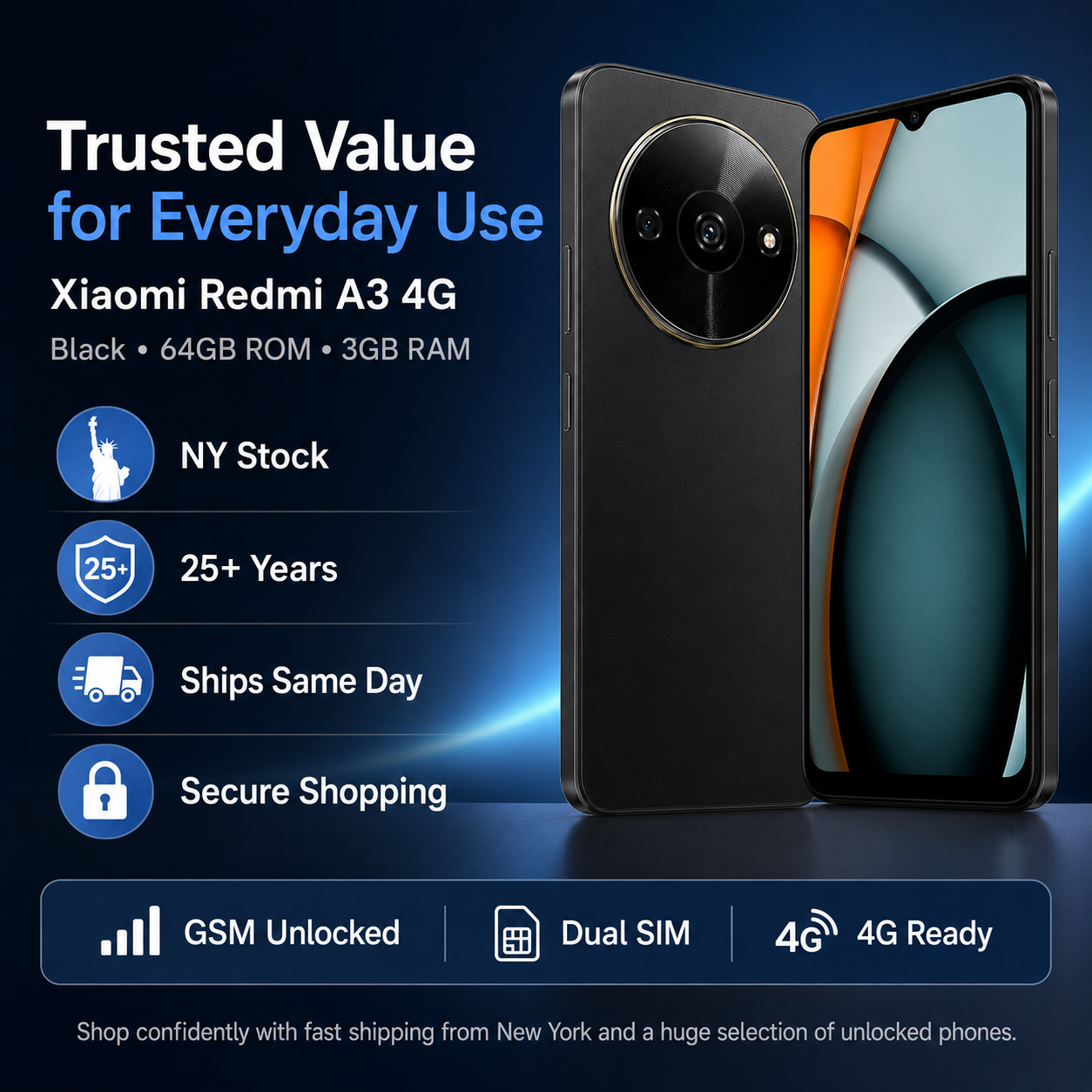 Xiaomi Redmi A3 4G 64GB ROM 3GB RAM Dual SIM GSM Unlocked - Black