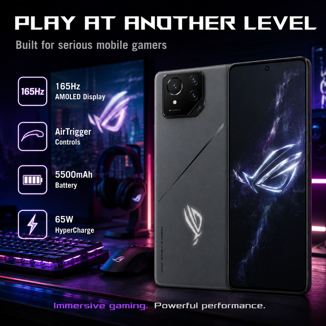 ASUS ROG Phone 8 Rebel Gray gaming smartphone with triple rear cameras and dark screen, angled view.