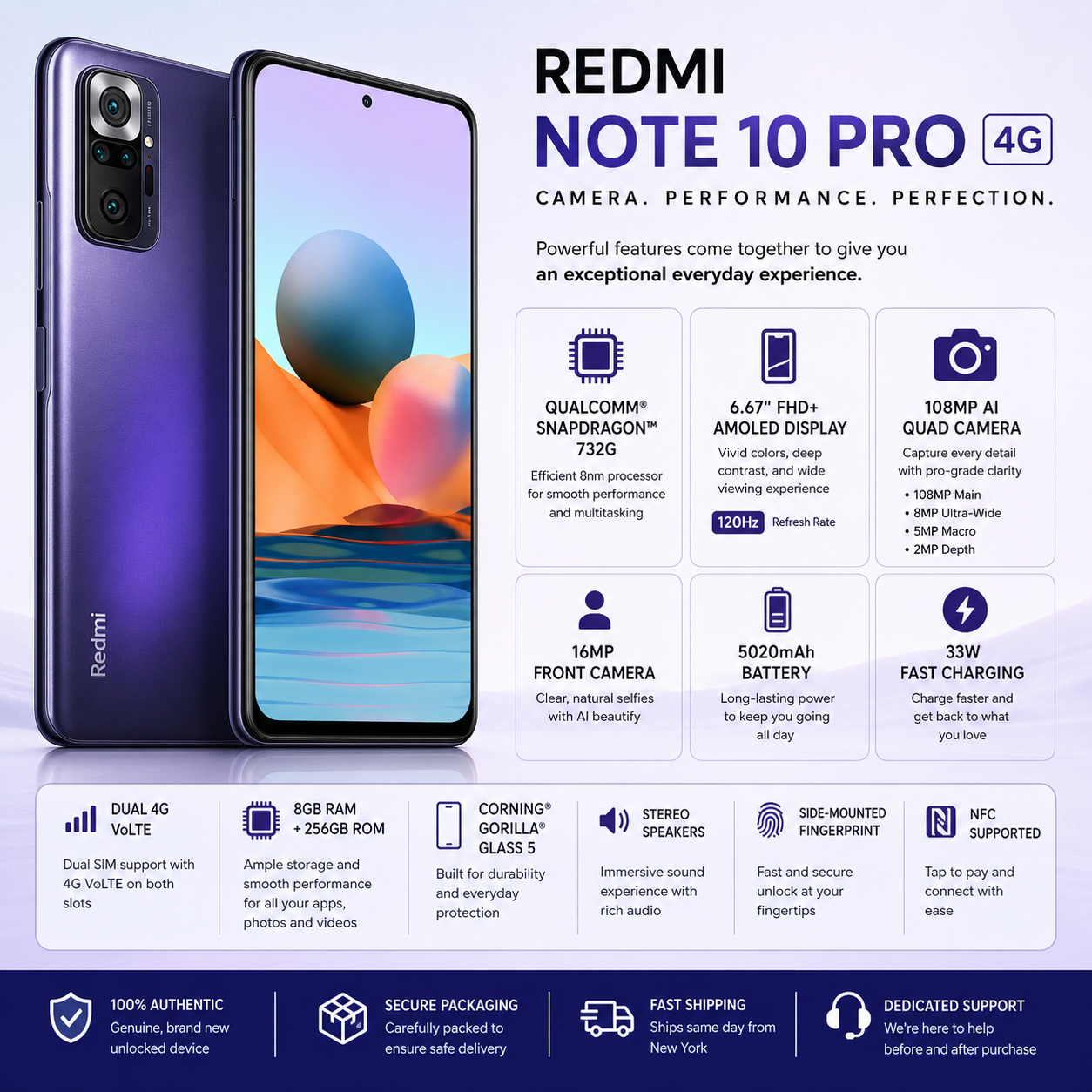 Xiaomi Redmi Note 10 Pro 4G Dual SIM LTE 256GB 8GB RAM GSM Unlocked - Nebula Purple