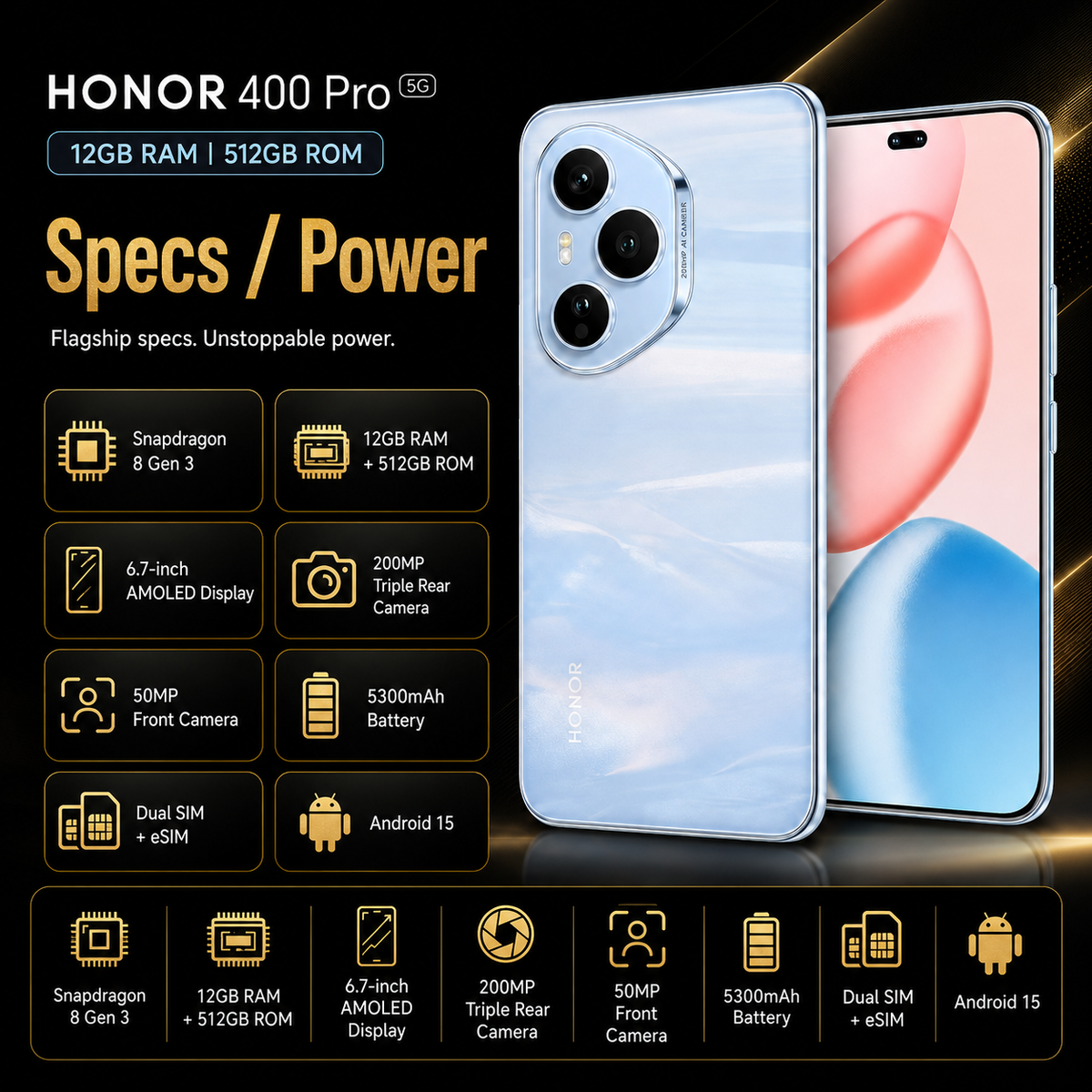 Honor 400 Pro 5G 512GB ROM 12GB RAM Dual SIM GSM Unlocked - Blue