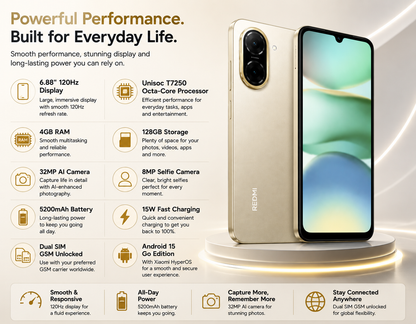Gold Xiaomi Redmi A5 smartphone front and back on circular display stand