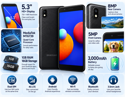 Black Samsung Galaxy A01 Core smartphone with front and rear angle views