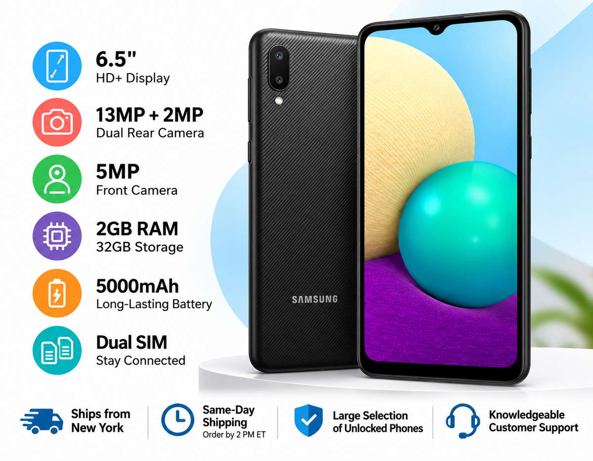 Black Samsung Galaxy A02 dual-SIM phone with 6.5-inch HD+ screen and dual rear cameras