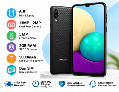 Black Samsung Galaxy A02 dual-SIM phone with 6.5-inch HD+ screen and dual rear cameras