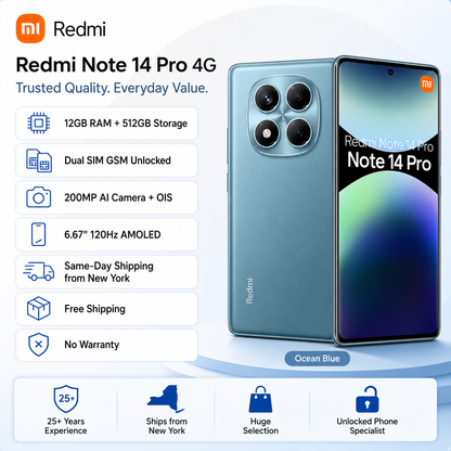 Xiaomi Redmi Note 14 Pro 4G 512GB ROM 12GB RAM Dual SIM GSM Unlocked - Ocean Blue
