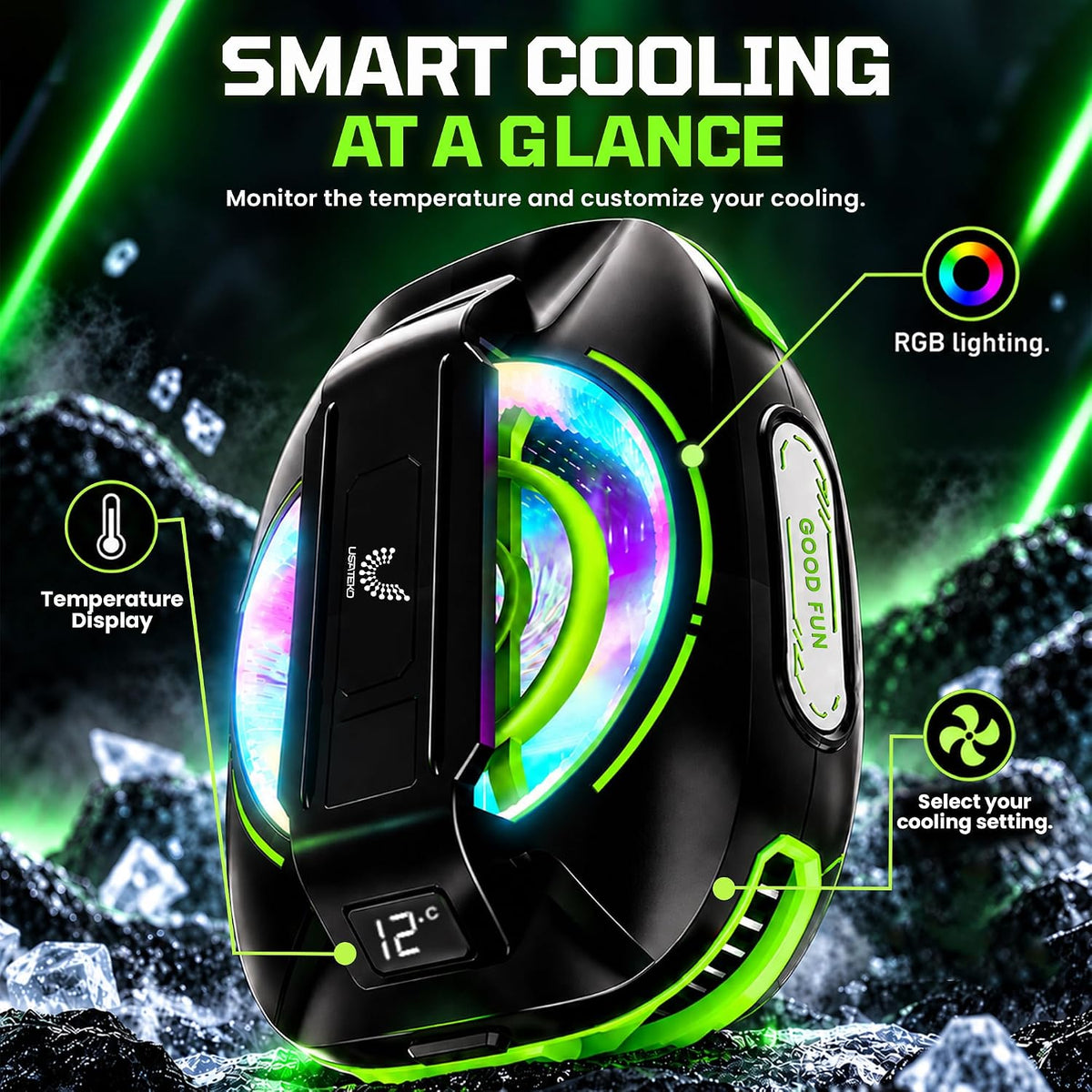 JS85 Phone Cooler for Gaming, Magnetic 3000mAh RGB Fan for iPhone & iPad