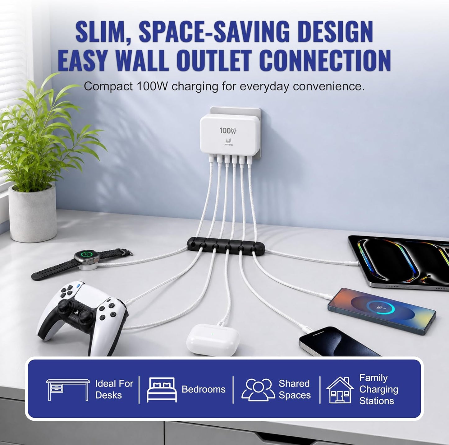 100W GaN 6-Port USB-C Fast Charging Station with PD 3.0 & QC 3.0 for iPhone, Samsung, iPad and Tablets