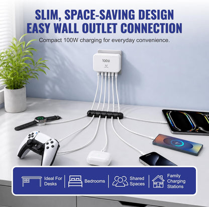 100W GaN 6-Port USB-C Fast Charging Station with PD 3.0 & QC 3.0 for iPhone, Samsung, iPad and Tablets
