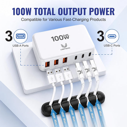 USATEKO White 100W USB-C charging station with 3 USB-A and 3 USB-C ports